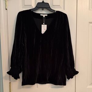 Velvet V-Neck Blouse in Black — Women’s Long Sleeve Top L NWT